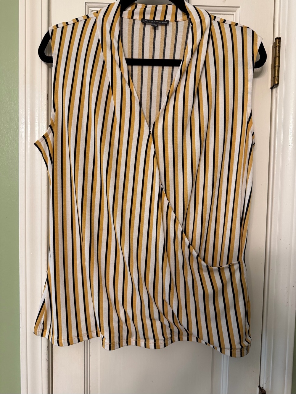 Adrianna Papell Mustard, White & Black Striped Sleeveless Wrap top